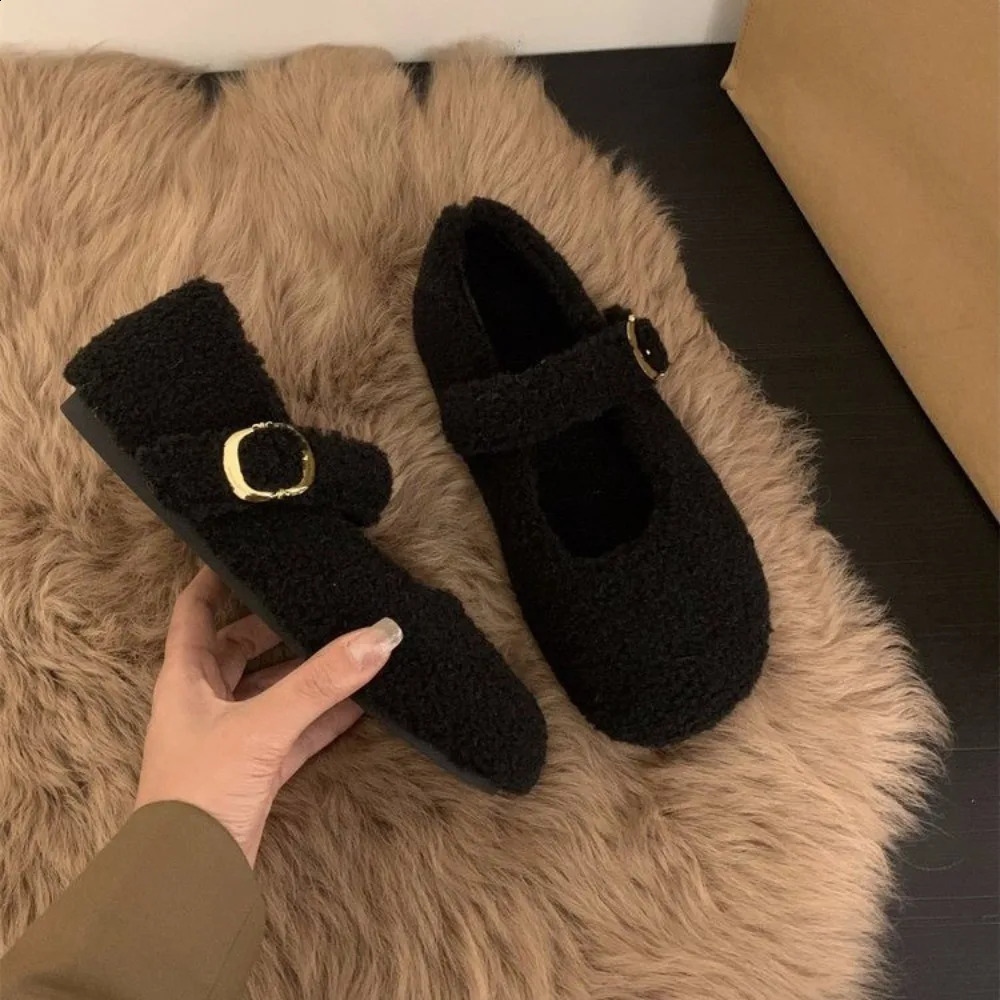 Fashion Square Toe Fleece Flet Ballet Flats Woman Winter Warm Wool Mary Jane Shoes Ladies Elegant Plush Loafers 251013
