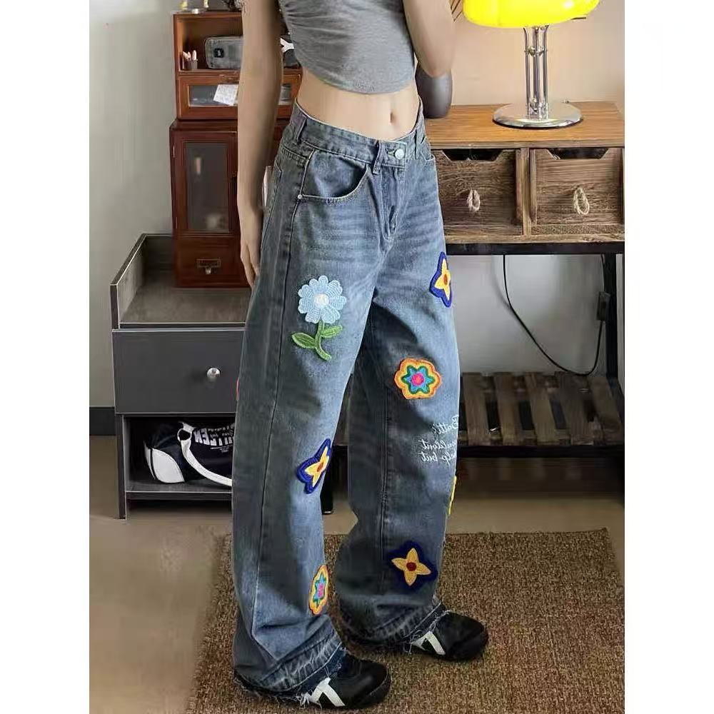 Women's Vintage Embroidered Floral Jeans - High-Waisted, Straight-Leg, Slimming Wide-Leg Floor-Length Pants for Spring and Autumn Z260313