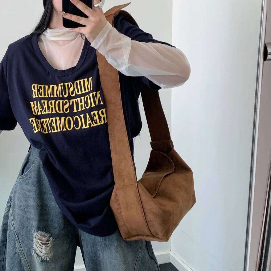 Suede Women's Tote New Niche Design Split Leather Vintage Wide Shoulder Strap Casual Fashion One-Shoulder Crossbody Bag Suotong251020 Suotong1020