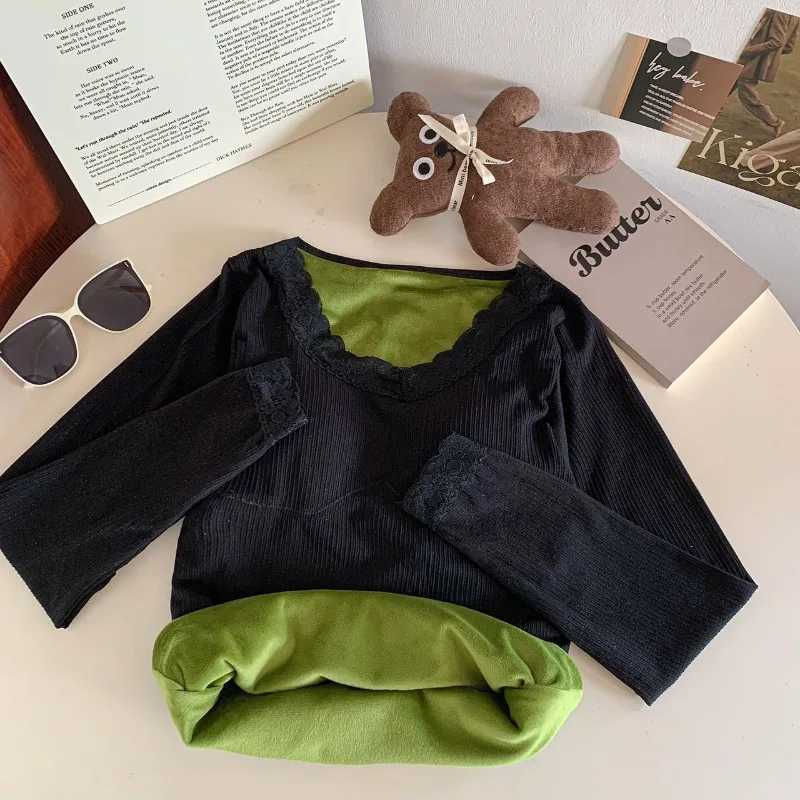 Women Winter Thermal Longsleeved Tshirt Splicing Lace Vcollar with Chest Pad Slim Warm Fleece Thickening Top Base Layer ShirtT251020