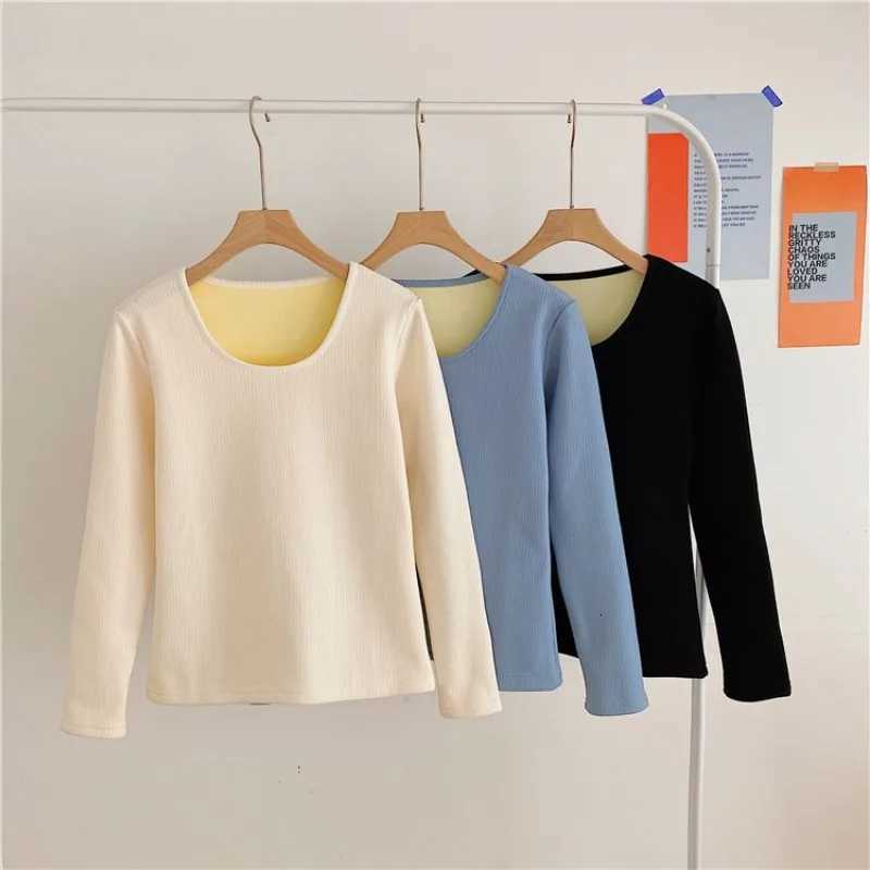 Winter Thick Velvet Soft Thermal Top Allinone Fleece Warm Slim Womens Tees Shirt Long Sleeve Skinny Top Underwear PulloversT251020