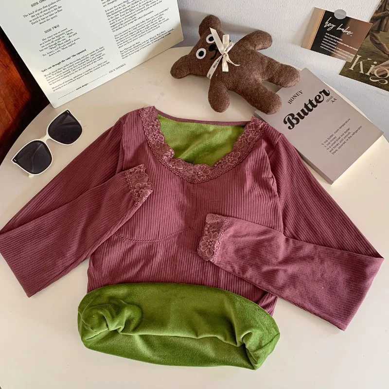 Women Winter Thermal Longsleeved Tshirt Splicing Lace Vcollar with Chest Pad Slim Warm Fleece Thickening Top Base Layer ShirtT251020