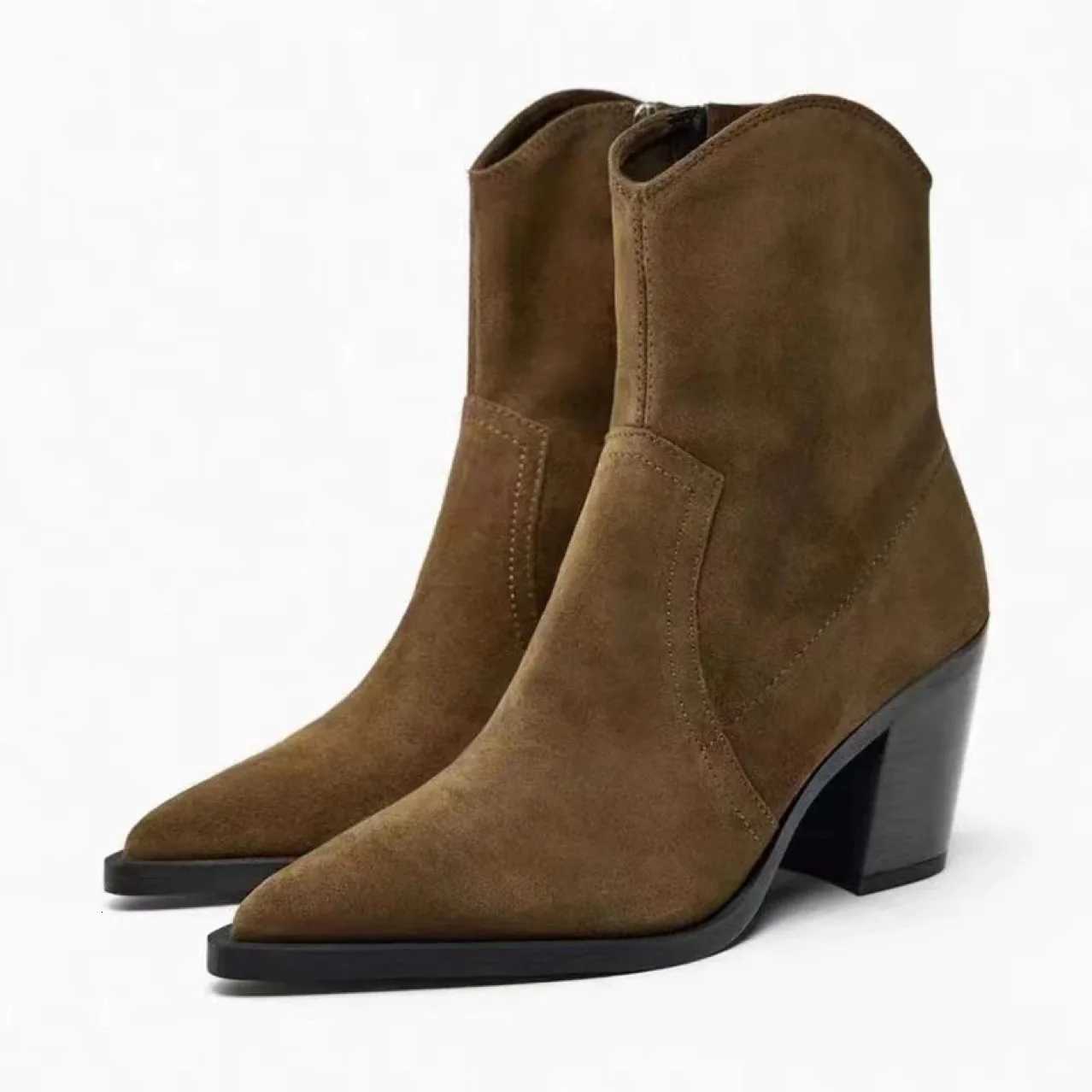 Womens Brown Suede Ankle Boots Pointed Toe Block Heel Side Zipper Wern Style Stylish Comfortable AutumnWinterXJ251020