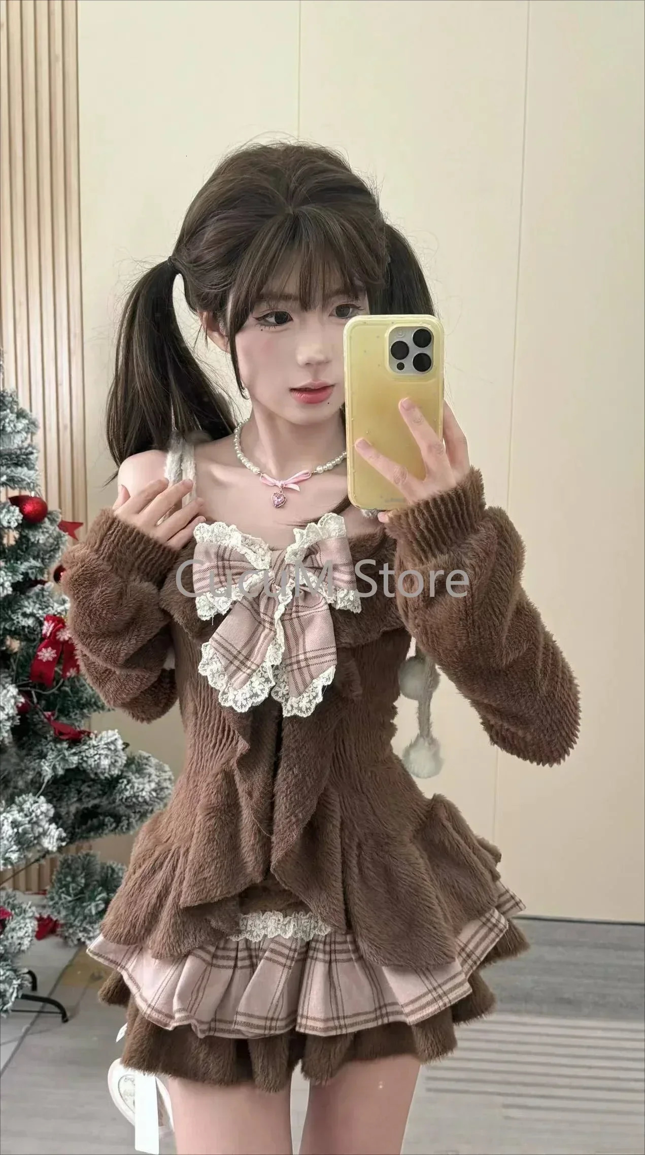 Japanese Sweet Lolita 2 Piece Sets Women Retro Off Shoulder Bow Blouse Tops Plaid Cake Mini Skirt Girls Kawaii Y2k Slim Outfits 251020 - view 3