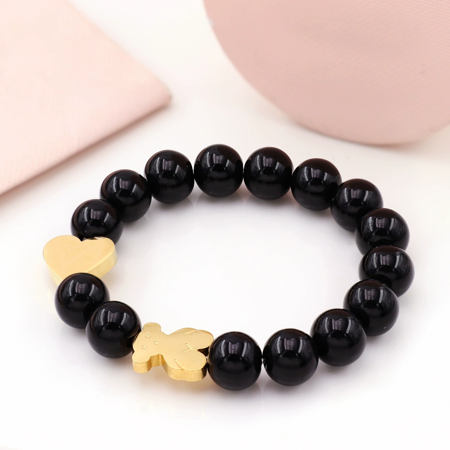 Fashion Women Men Silver Gold Bear Stainless Steel Cartoon Animal Black Bead Heart Flower Chain Bracelets Jewelry Pulsera Gift