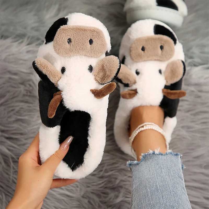 Ladies Winter Slippers Cute Cartoon Heart Animal Cow Fur Warm Cotton AntiSlip Home Comfortable Girls Footwear Z20251020