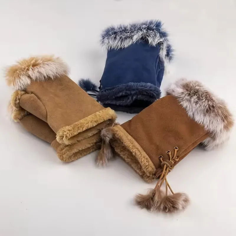 Winter Womens Faux Rabbit Fur Fingerless Mittens Wrist Gloves Faux Leather Warm Cozy Touch for Cold Weather 251020