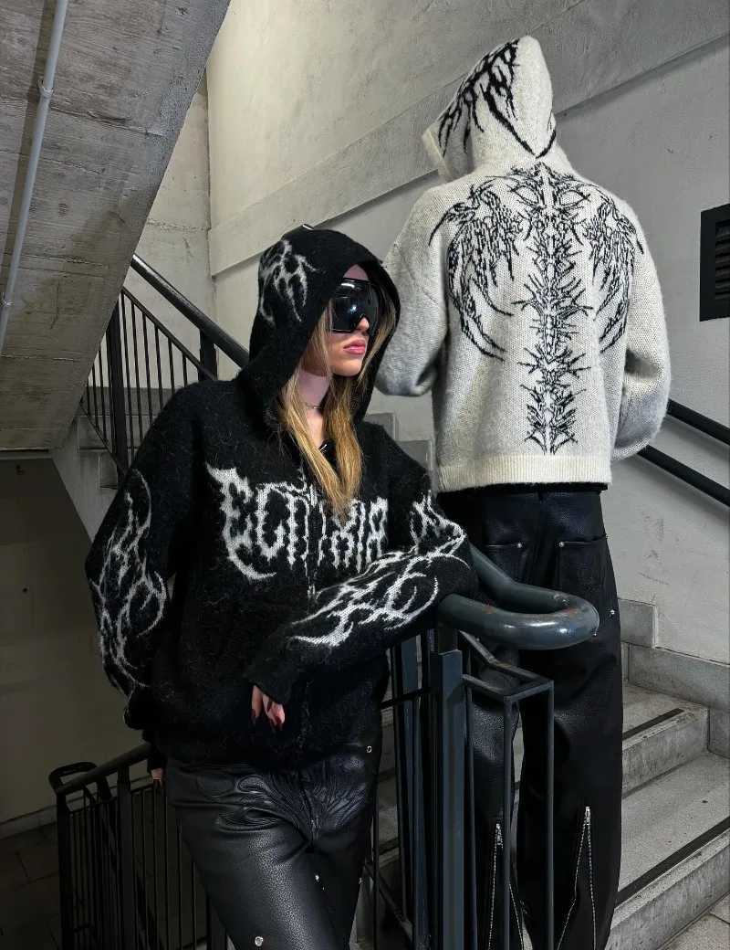 New Y2K trendy fashion bramble pattern hoodie European American high street rock casual punk black white couple hoodie W251020