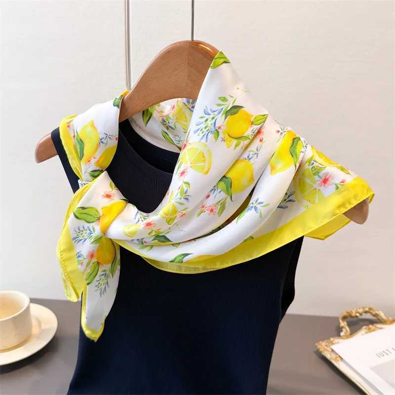 Luxury Womens Summer 70x70cm Square Silk Scarf Lemon Printed with Flowers Scarves Hair Band Yellow Shawl Bandana Hijab Wrap11 D2510201