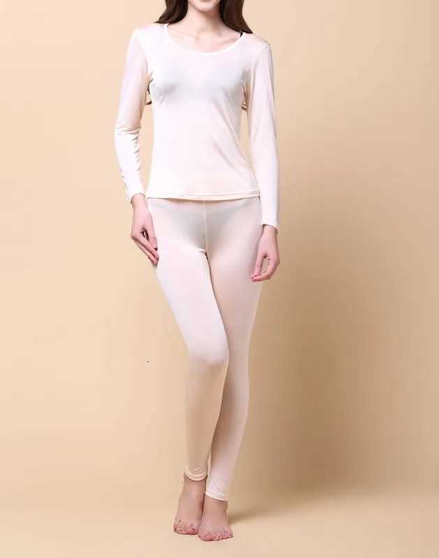 Pure Silk Knit Women Underwear Long Johns Top Bottom Set Thermal Shirt LeggingT251020