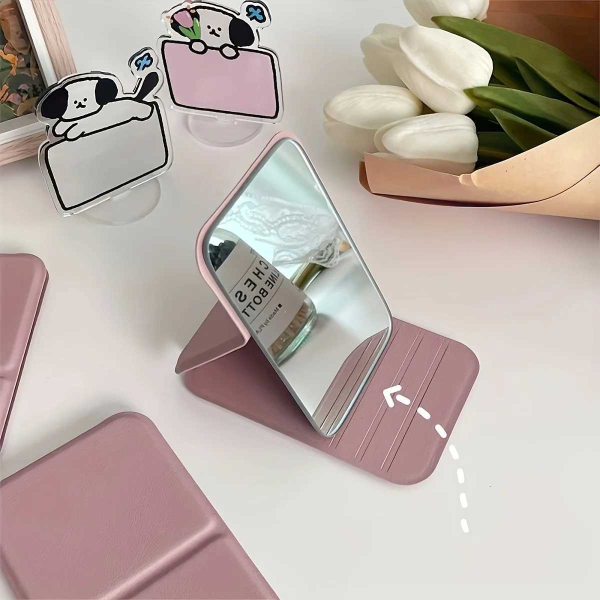 1pc Elegant Folding Mini Makeup Mirror with PU Stand Portable Glass Cosmetic Mirror Hand Washable for Dorm and Desktop Use C2510201