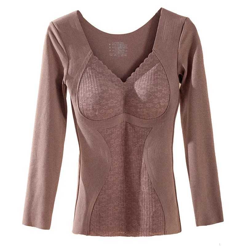 2024 new beautiful house thermal underwear top women with chest pad removable thick Vneck super elastic large size explosionT251020