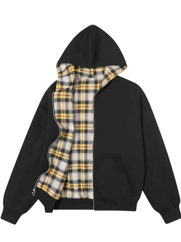 High Street Trendy Clothing New Style Twosided Fashion Loose Plaid Sweatshirt Harajuku Retro Casual Double Zipper Hoodie Women W251020