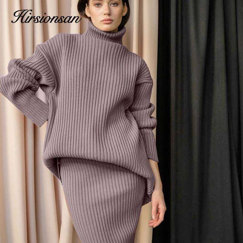Hirsionsan Elegant Knitted Sets Women New Casual Two Pieces Turtle Neck Sweater And Midi Female Warm Suits With Skirt 251020 251020