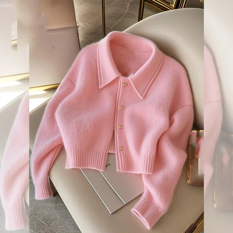 Pink Short Sweater Coat Womens Winter Highgrade Soft Waxy Cardigan Jackets Top Longsleeved Loose Elegant Knitted Outwear 251015
