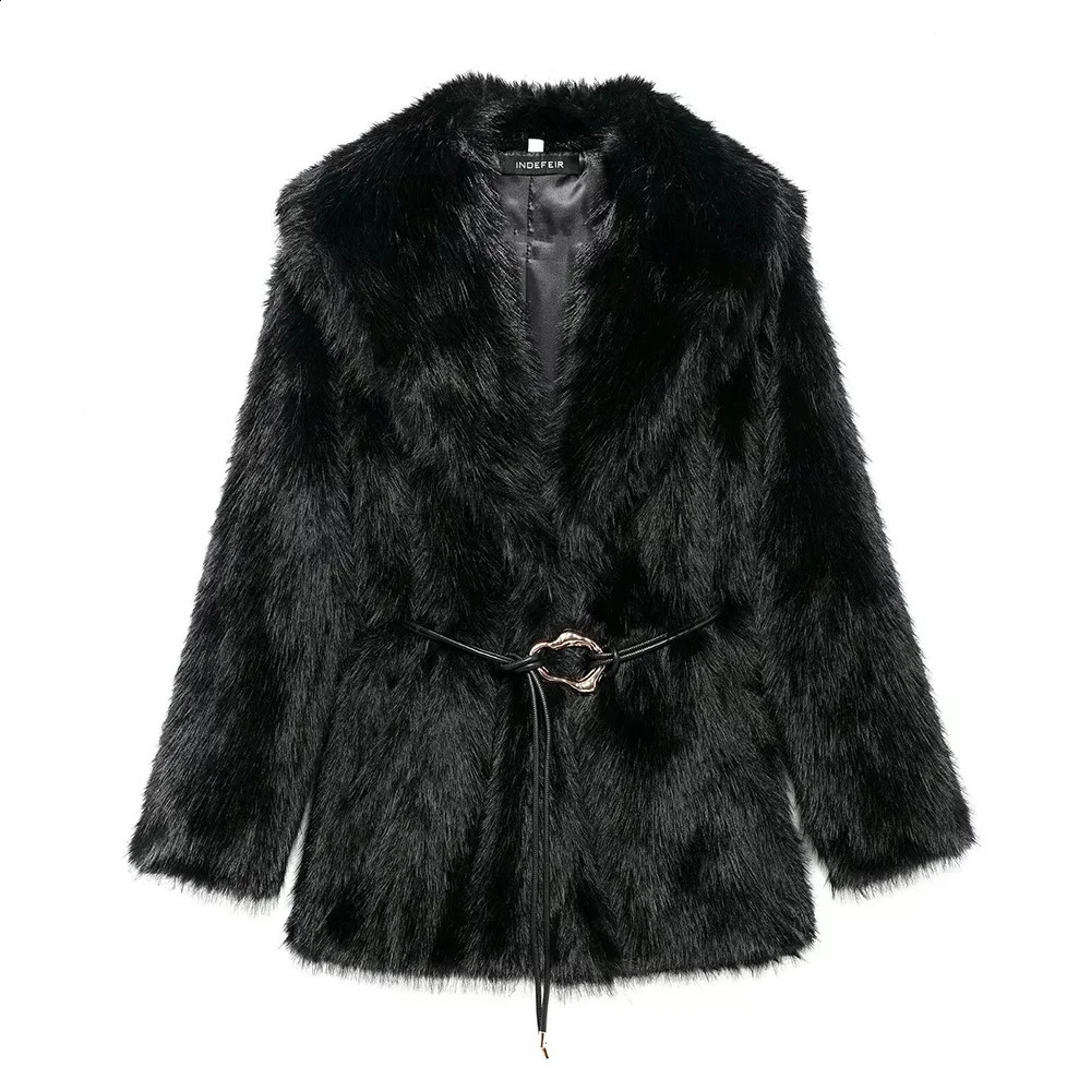Womens Belt Decoration Collar Solid Color Medium Long Coat AutumnWinter Sleeve Loose 251021