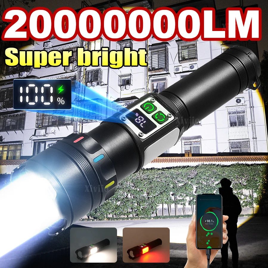 20000000LM Most Powerful LED Flashlight Rechargeable Typec Flashlight Long Range Tactical Torch Fishing Camping Zoom Lamps 251020