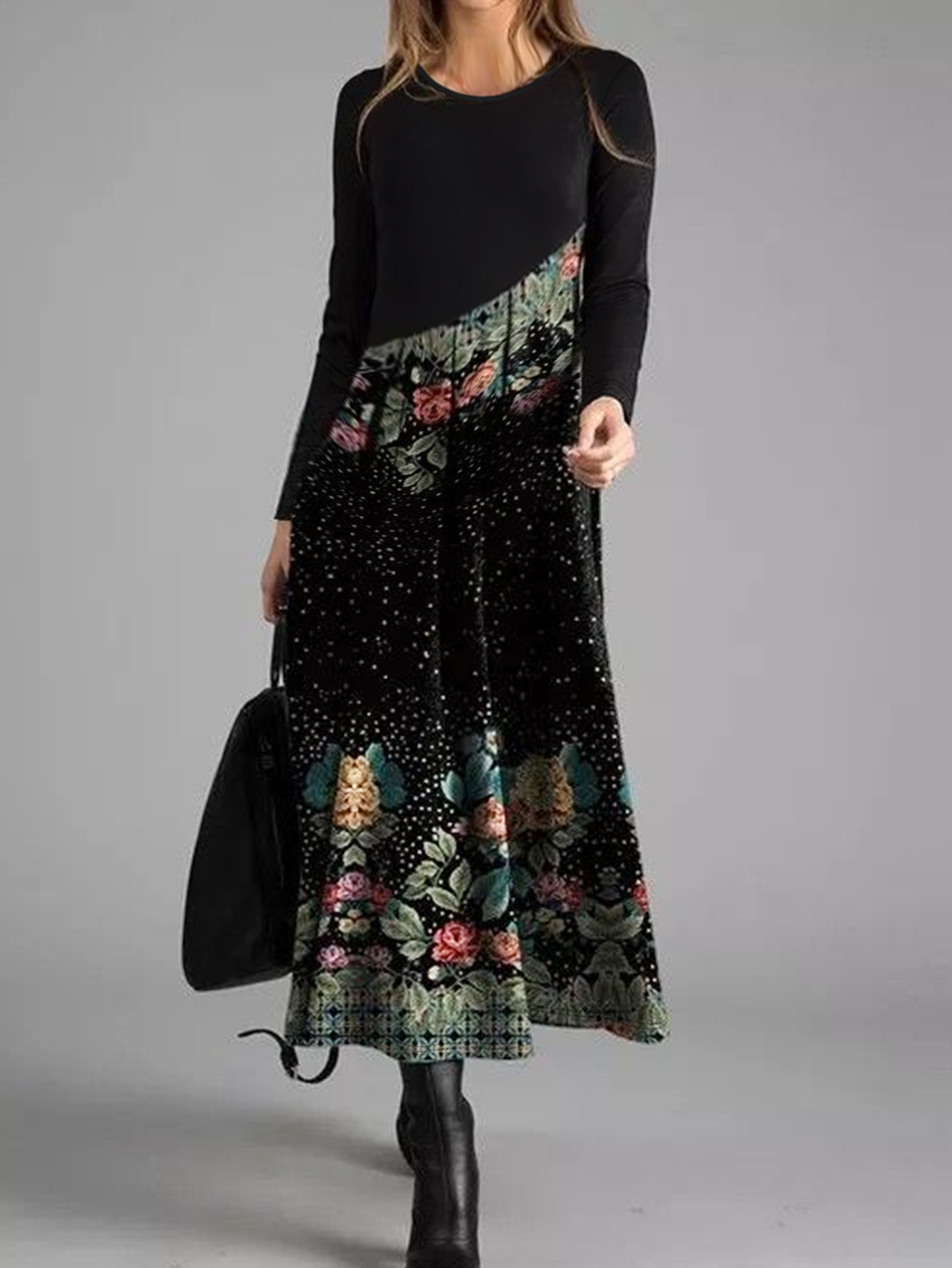 Women's Autumn & Winter Floral Printed Long - Sleeve Midi Dress, Casual Commute & Party Milk Silk DressCF55431