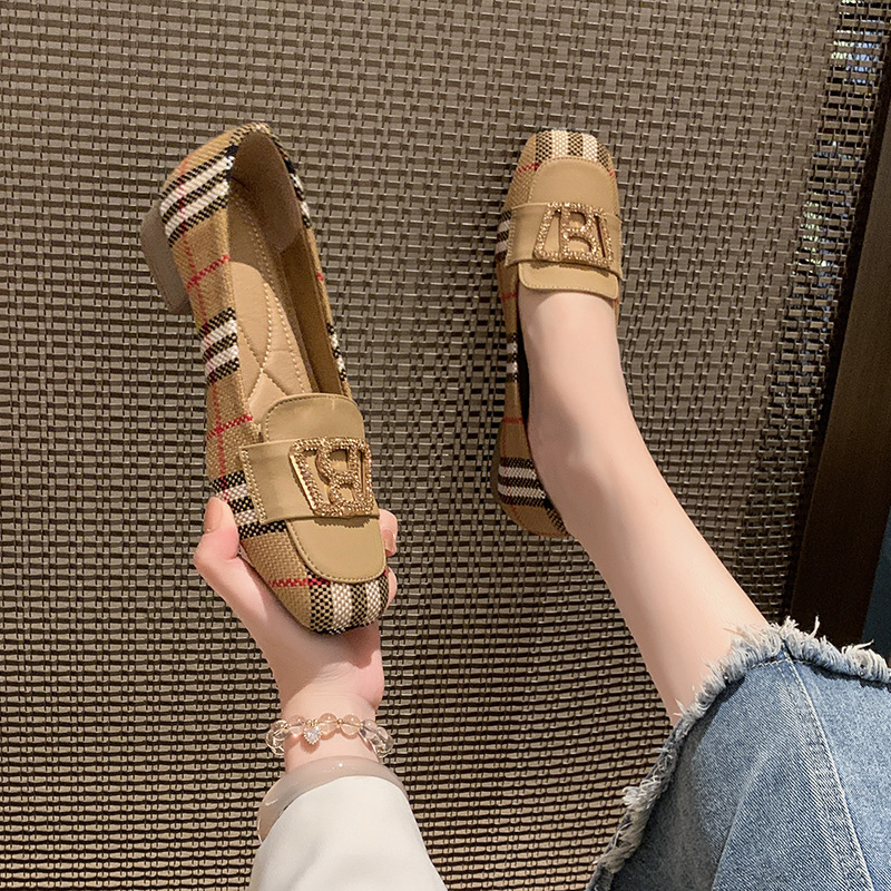 Elegant and versatile women's checkered color blocked high heels 2025 new arrivals fashionable and versatile metal buckle thick heel women's