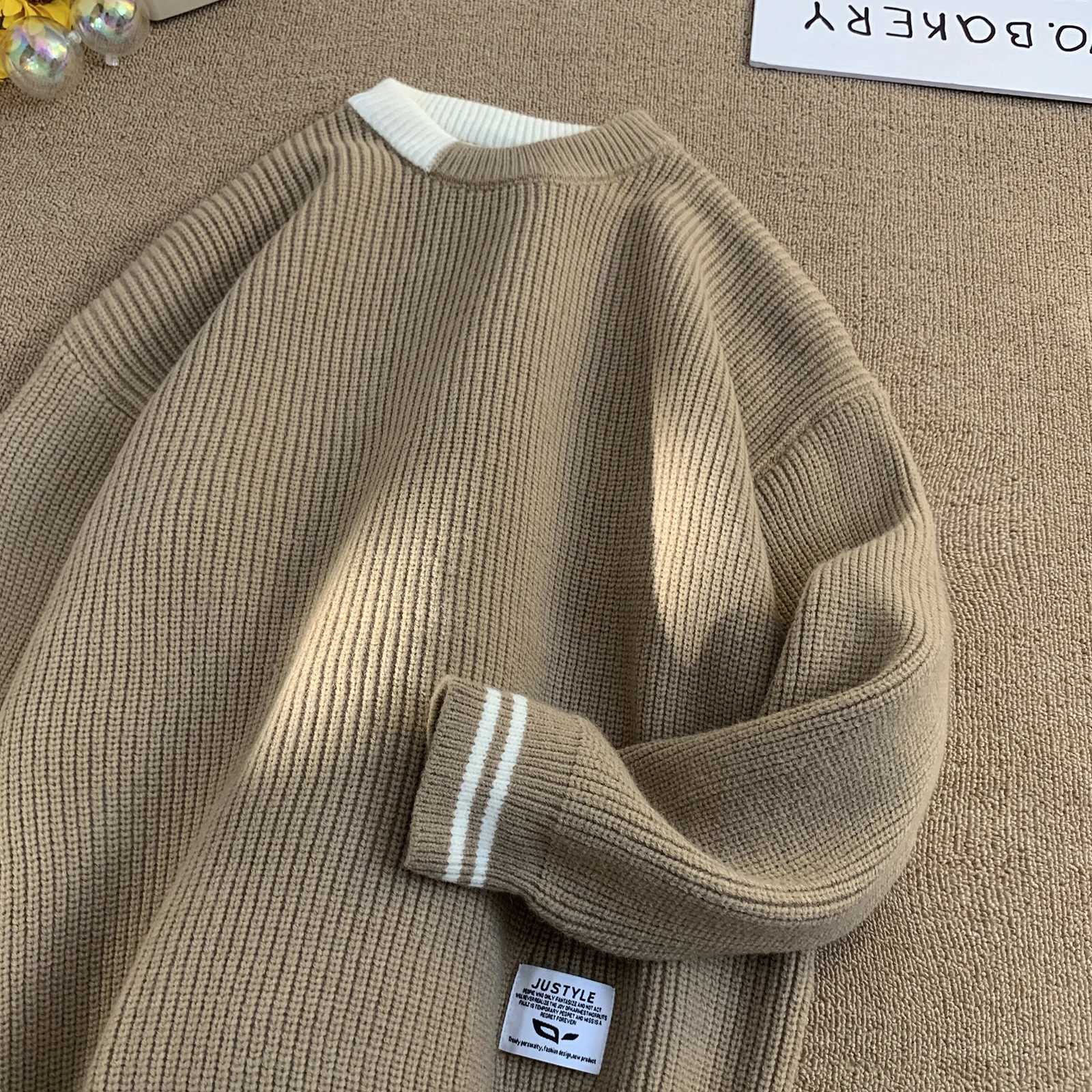 Men Retro Color Collision Twist Sweater Loose Fit Round Neck Knit Jumper Pullover Autumn Winter Casual 4 Colors Knitted SweatersT251103