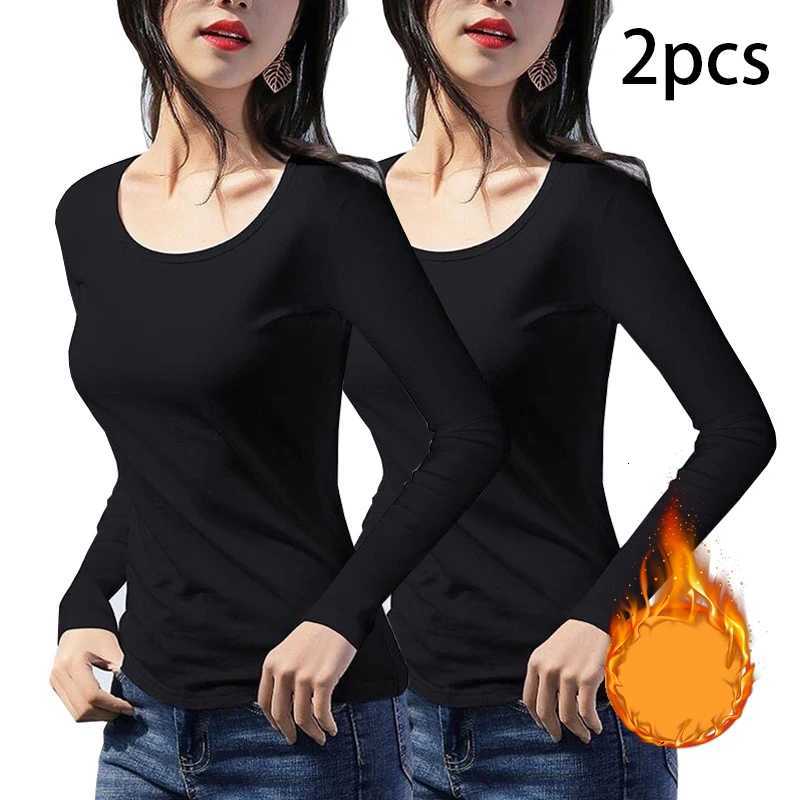 2pcs Women Autumn Winter Longsleeved Tshirt Lady Thermal Underwear Thick Velvet Slim Fit Fashion New Style Roundneck TopT251020