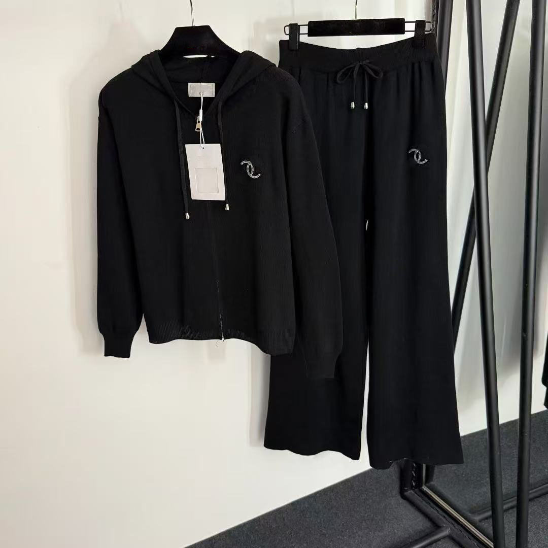 New sport knitted set casual cover hooded wide leg two-piece set loose fit set