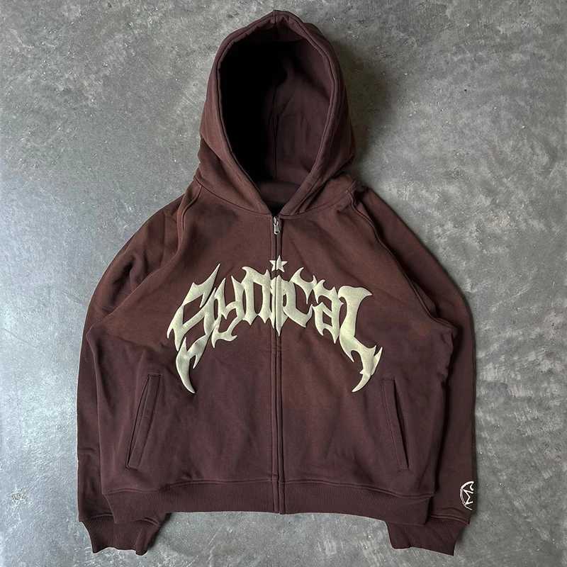 2025 American Trend Loose Casual Long Sleeve Coat Street Fashion Vintage Gothic Zipper Creative Letter Five Pointed Star Hoodie W251020