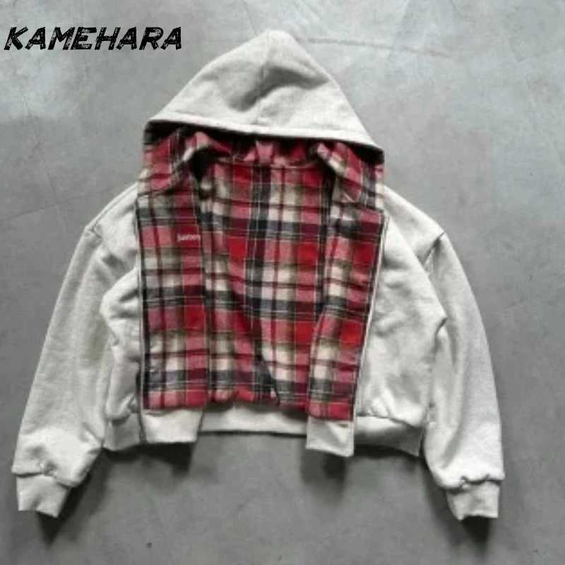 KAMEHARA Y2K Korean Street Retro Doublesided Plaid Loose Zipper Hoodie Harajuku Hiphop Gothic Couple Casual Simple Sweatshirt W251020