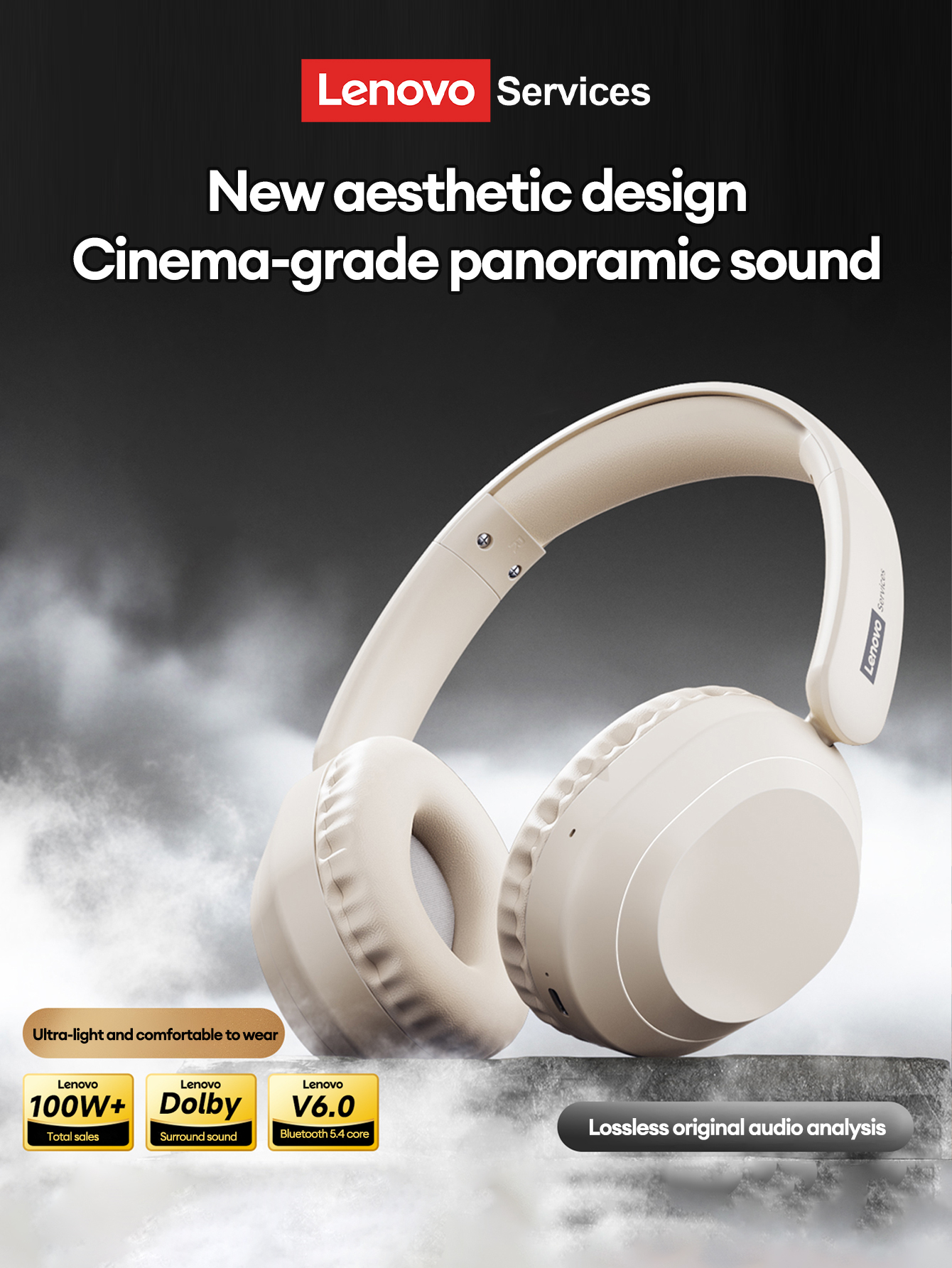 LenovoService Over-Ear Bluetooth 6.0 Wireless Headphones LE601 High-Fidelity Sound Comfortable Noise-Cancelling Gaming-Grade Performance Extra-Long Ba