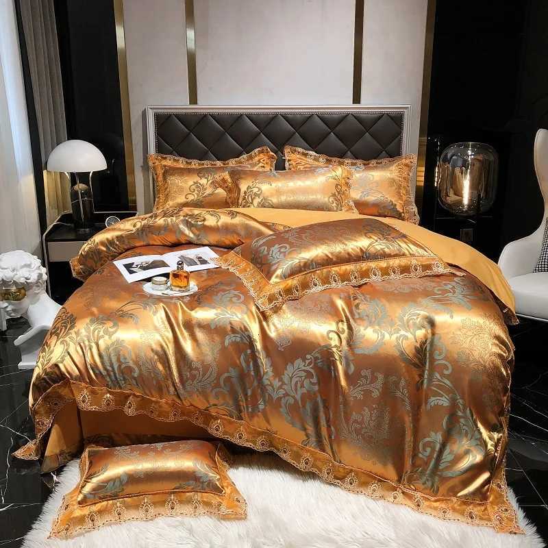 Luxury Euro Gold Satin Jacquard Lace Bedding Set Soft Silky Single Queen King Double Duvet Cover Set Bed Sheet Set PillowcasesXJ251015
