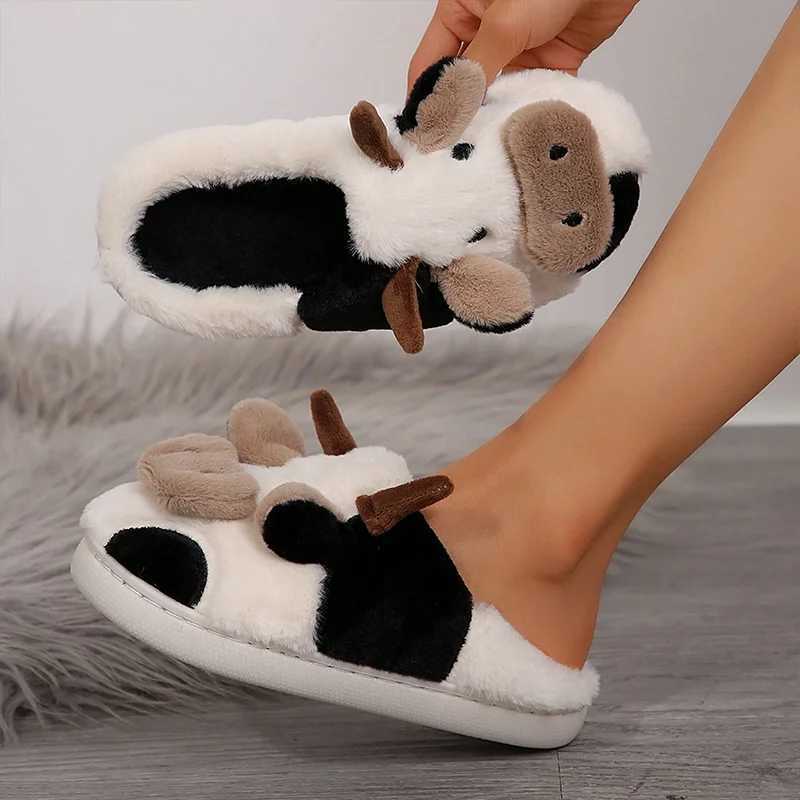 Ladies Winter Slippers Cute Cartoon Heart Animal Cow Fur Warm Cotton AntiSlip Home Comfortable Girls Footwear Z20251020