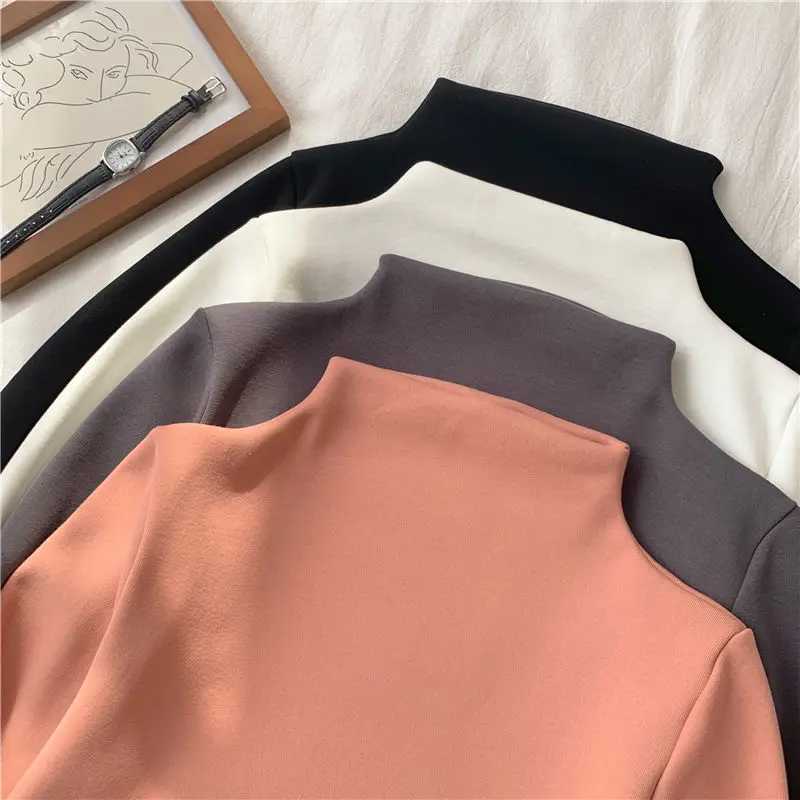 Winter Thermal Underwear Women Fleece Thickening Bottoming Shirt Half Turtleneck LongSleeved Basic Fleece Thermal PulloversT251020