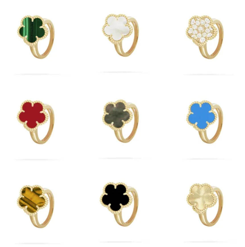 Classic Crystal Clover Ring Natural Agate Wedding Ring Fashion Couple Designer Ring Jewelry Gift for Women