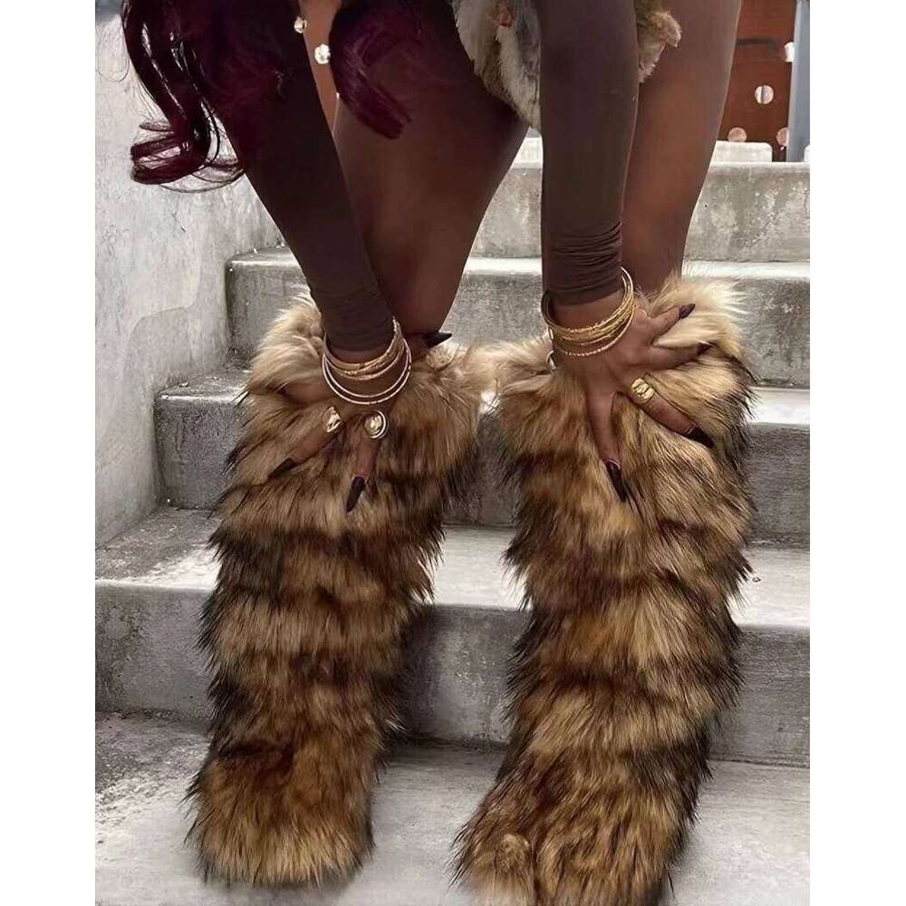 2025 Women Winter Thigh Fluffy Ladies Furry Faux Fox Long Warm Shoes girls New Designer Plush Knee High Fur Boots