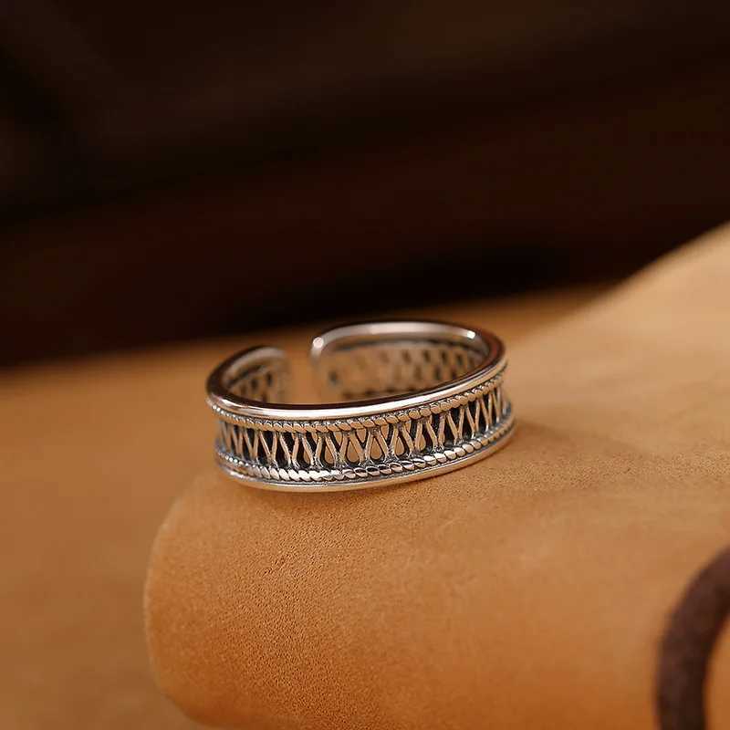 PANJBJ 925 Sterling Silver Texture Ring For Women Hollow Out Minimalism Vintage Jewelry Gift J251020