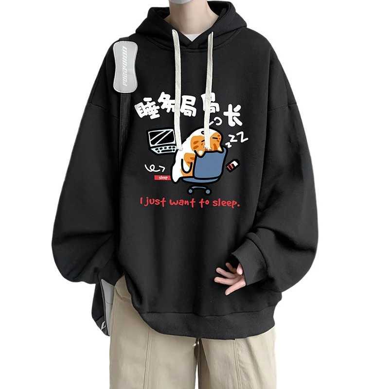 Mens Oversized Hoodie 7XL Black Hoodies Oversize for Men with Hat Anime Cat Print Man Casual Wear Hoody Male Sweatshirt W251020