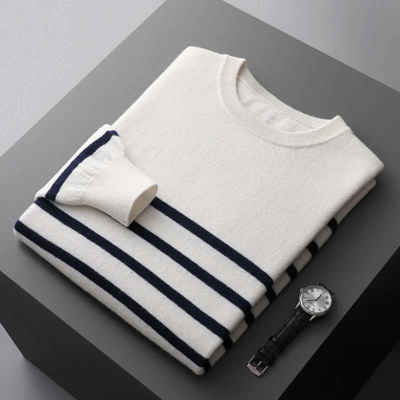 New 100 Merino Wool Knitted Pullover 2025Autumn Man O-Neck Striped Thick Sweater Fashion Loose Joker Youth Tops Warm Base ShirtT251103