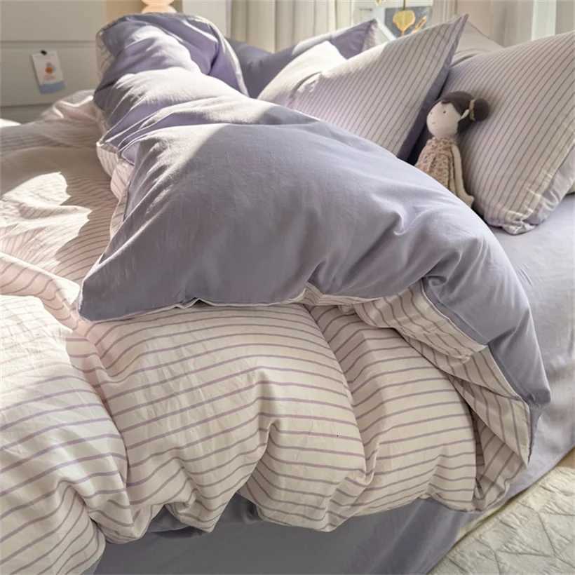 Ins Stripes 100 Washed Cotton Bedding Set with Pillowcase Bed Sheet Quilt Cover Single Double King Queen Size Duvet Cover Set H260411