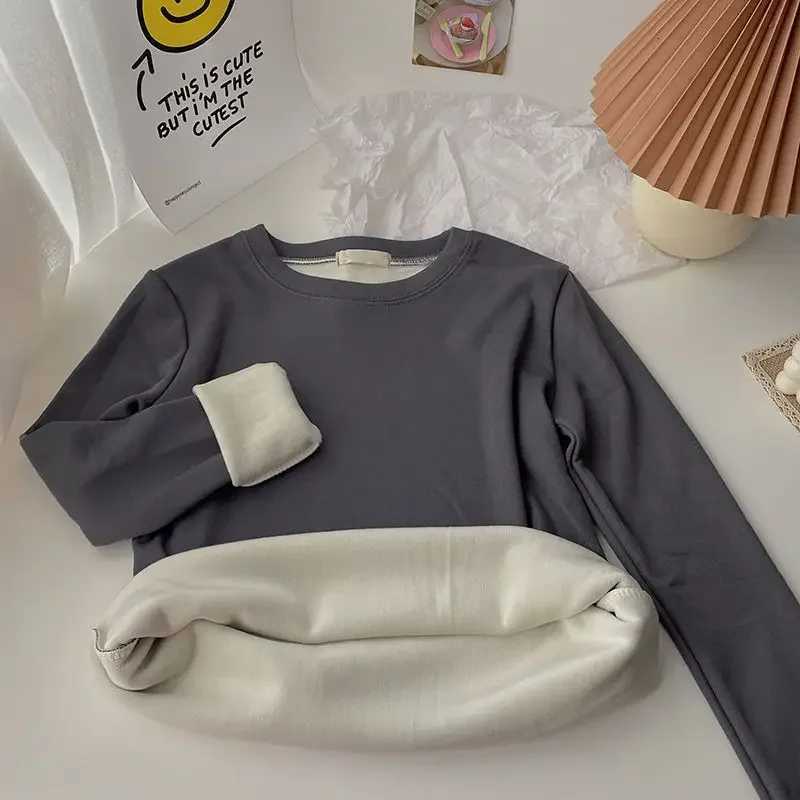 Womens Plush and Thickened Warm Top Jihan Simple Versatile Round Neck Underwear Solid Color Long Sleeve Underlay FashionT251020