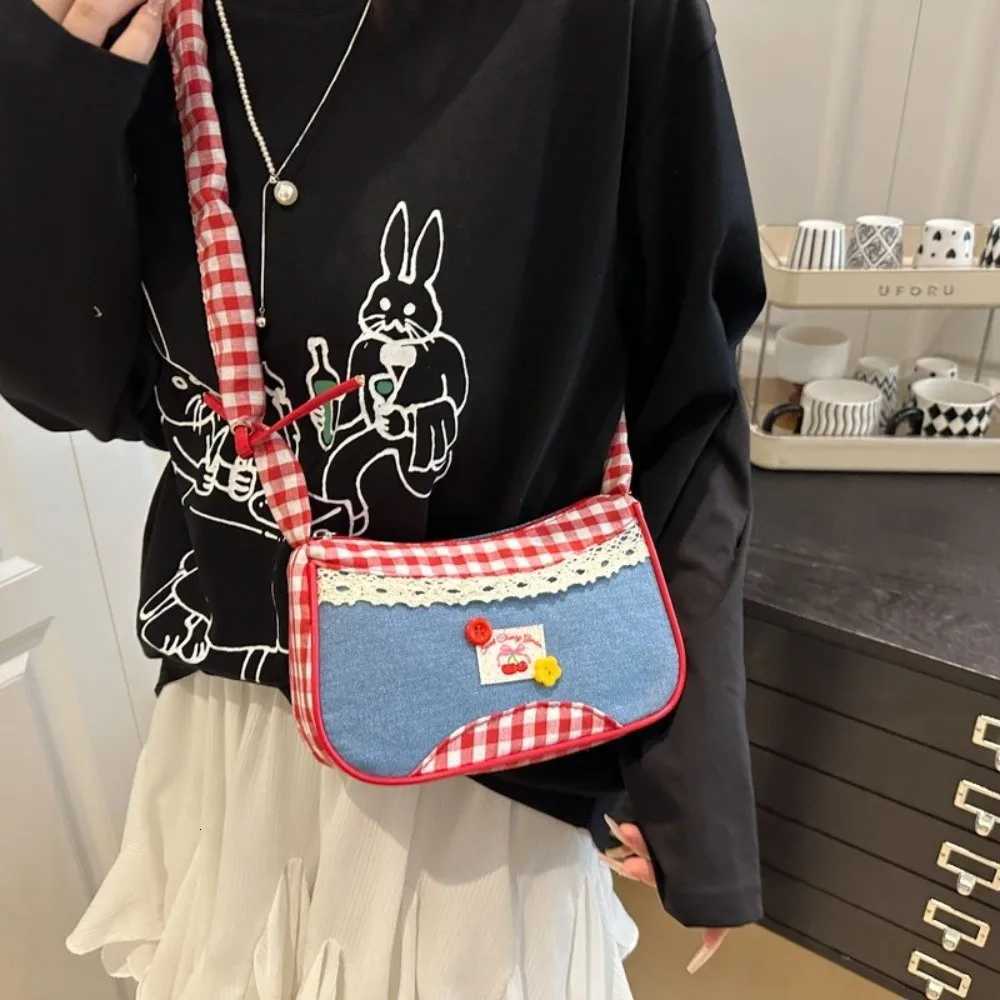 Portable Rural Style Lattice Shoulder Bag Plaid Bow Denim Underarm Bag Leisure Commuting Crossbody Bag TravelT251020