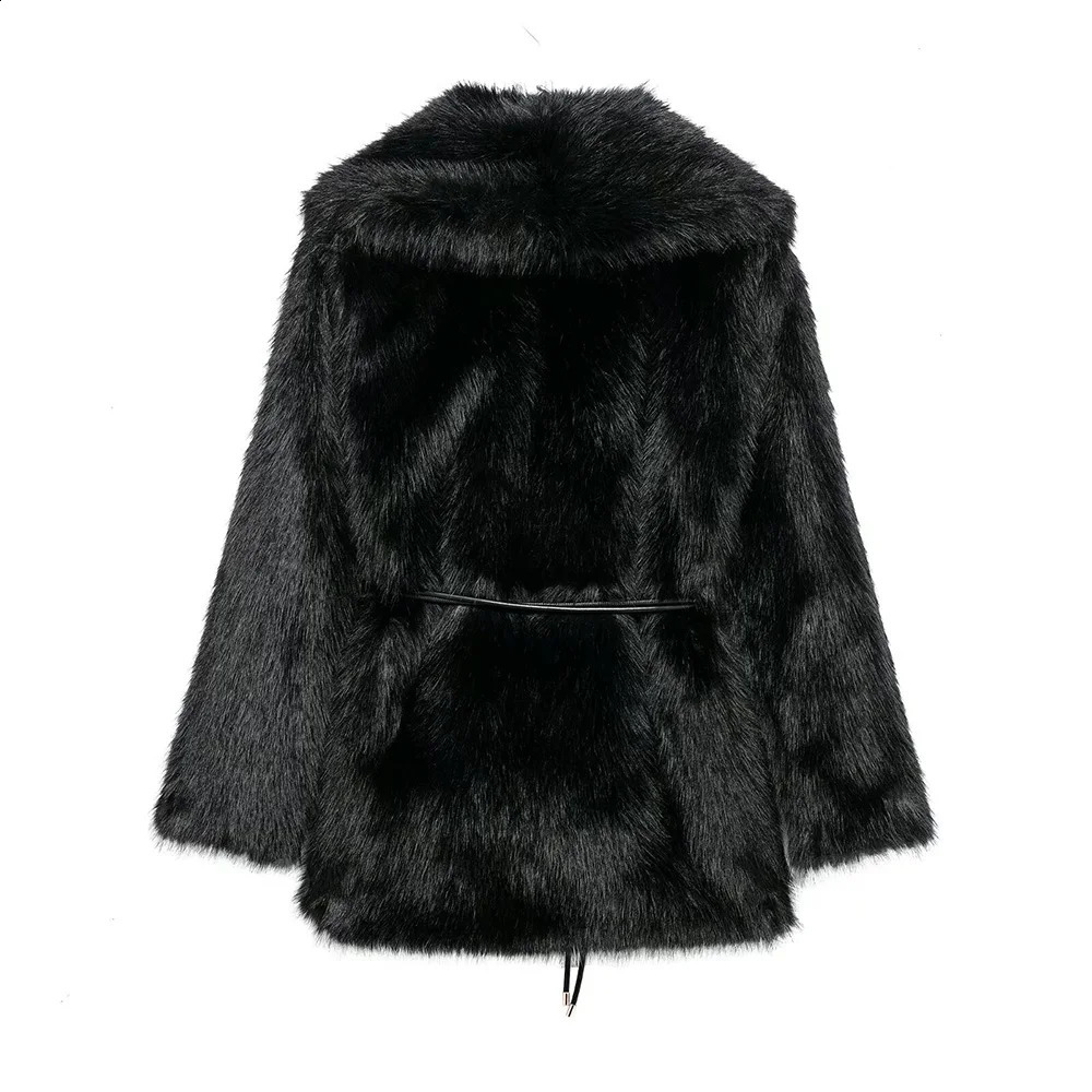 Womens Belt Decoration Collar Solid Color Medium Long Coat AutumnWinter Sleeve Loose 251021
