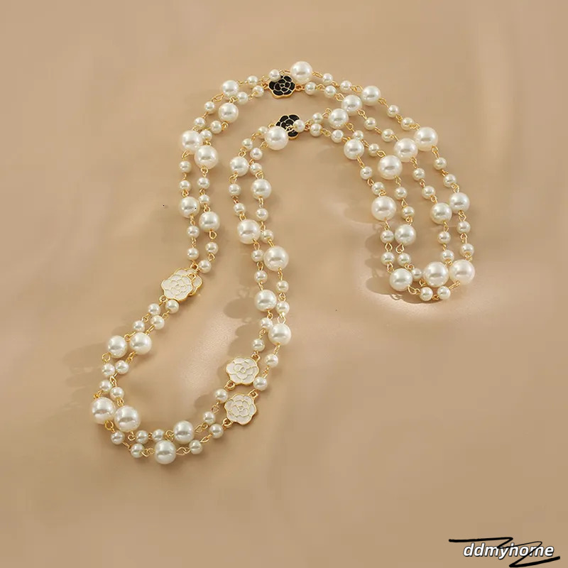 Elegant Long Necklace With Camellia Flower And Pearl Accents - Double Layer Fashion Jewelry For Women Ddmyhome