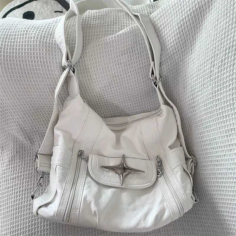 New Y2k Large Capacity Shoulder Bag White Pu Leather Cross Handbag American Style Punk Goth Fashion Simple Designer HandbagT251020