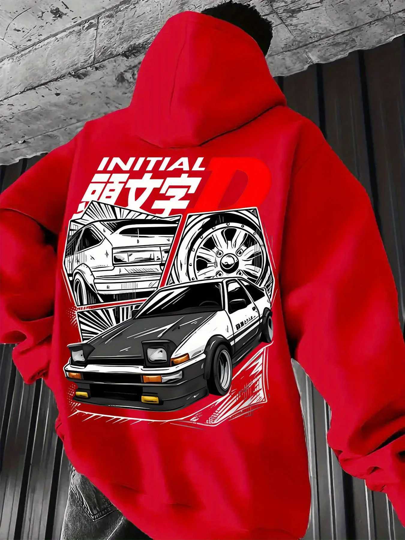 Black Hooded Sweatshirt Featuring Initial D with Iconic JDM Car Illustration Mens Anime Pullover W251020