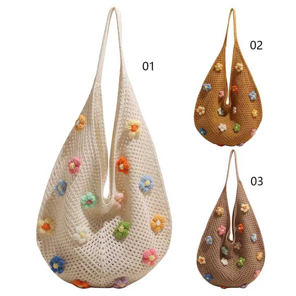 Women Flower Knitted Shoulder Bag Hollow Out Handbag Large Capacity Handwoven Hobo Bag Casual Top Handle Bag Outdoor Travel BagT251020