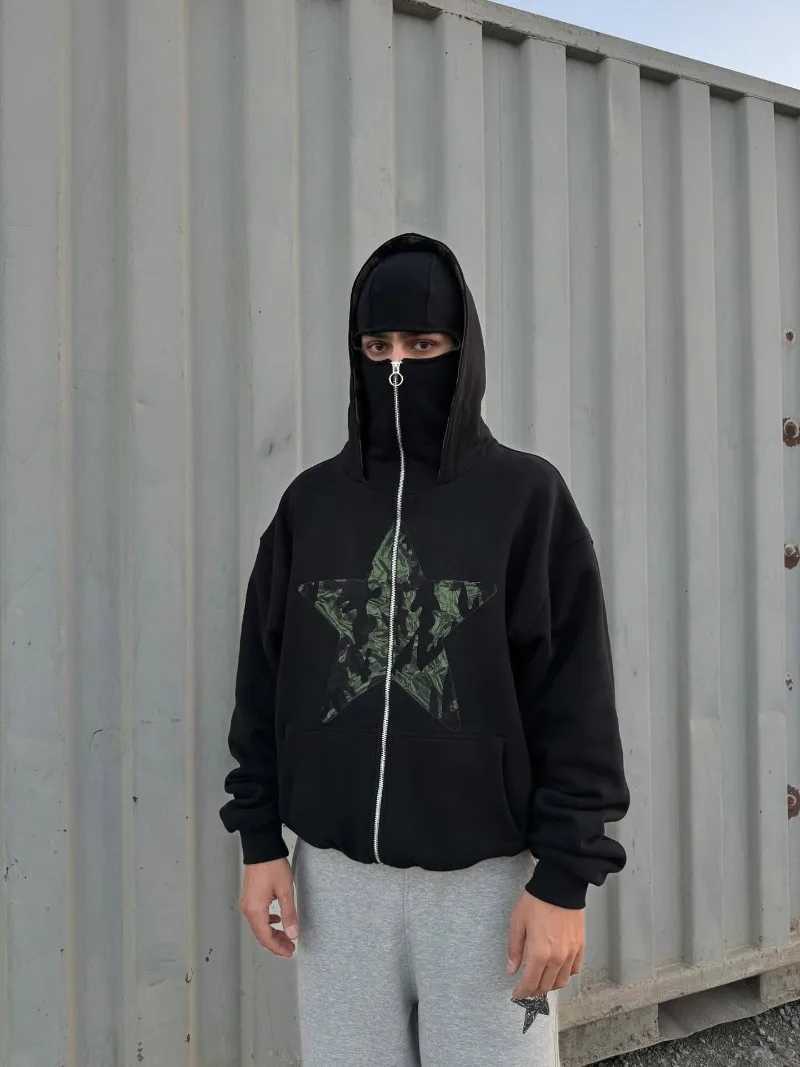 Retro hip hop Y2K camouflage star print design loose men hoodie sweatshirt fashionable high street Gothic punk zipper hoodie W251020