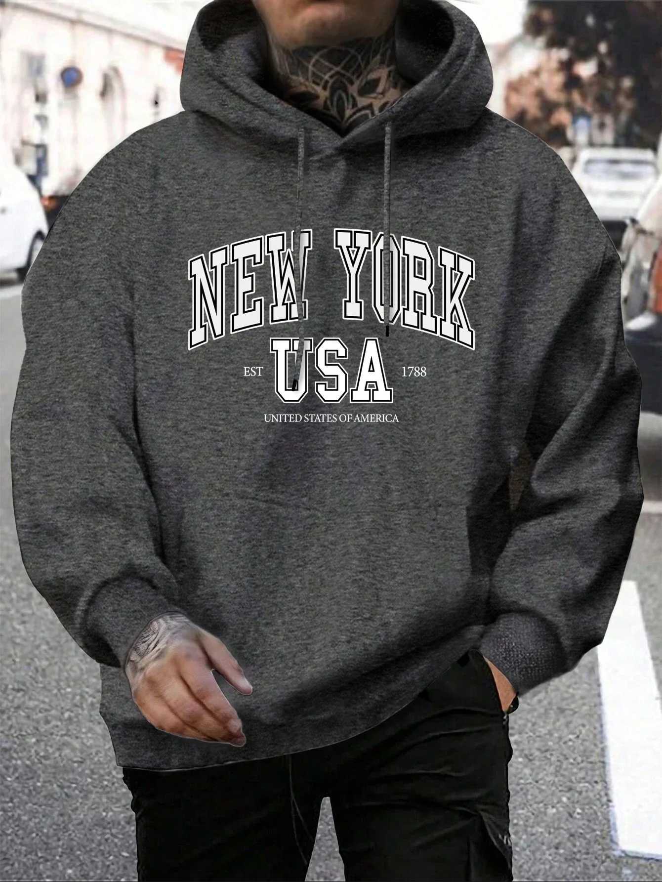 Autumn Fleece Crewneck Clothes America New York City Print Male Hoody Fashion Loose Hoodies Casual Warm Hooded Men W251020