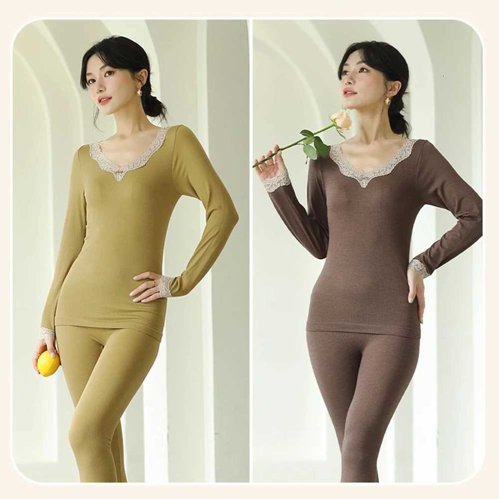 Womens Thermal Underwear Set Winter Clothes For Women Intimates Lingerie Long Johns Seamless Wool Lace Bottoming Shirt LeggingsT251020