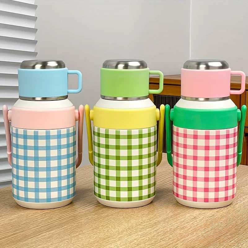 1 pc 800ml Plaid Stainless Steel Insated Water Bottle with Detachable Lid Leakproof Portable Thermos with Handle for Outdoor Y251020