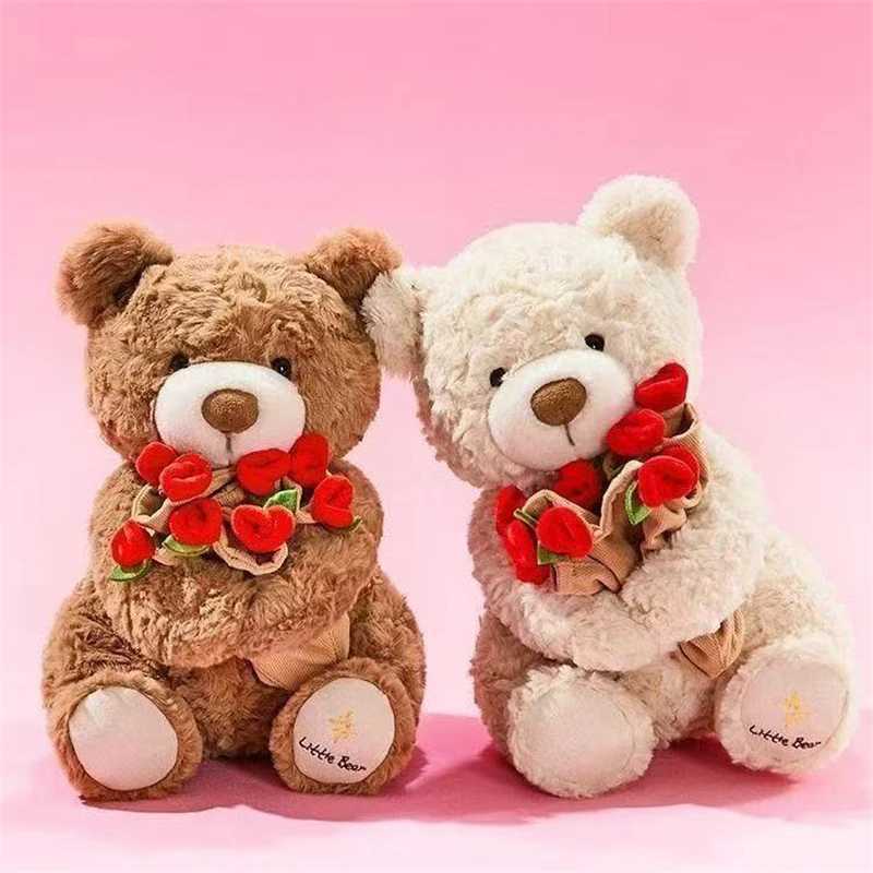 Kawaii Teddy Bear with Roses Plush Toy Soft Bear Stuffed Doll Romantic Gift for Lover Home Decor Valentines Day Gifts for Girls J251020